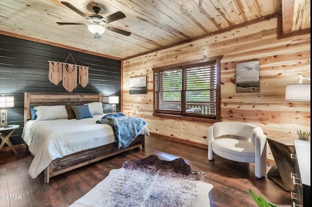 bedroom with wood finished floors, wooden ceiling, and wood walls