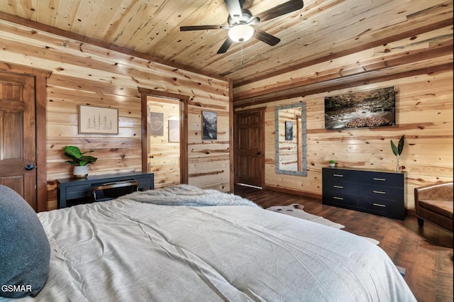 bedroom with dark wood finished floors, wood ceiling, wood walls, and ceiling fan