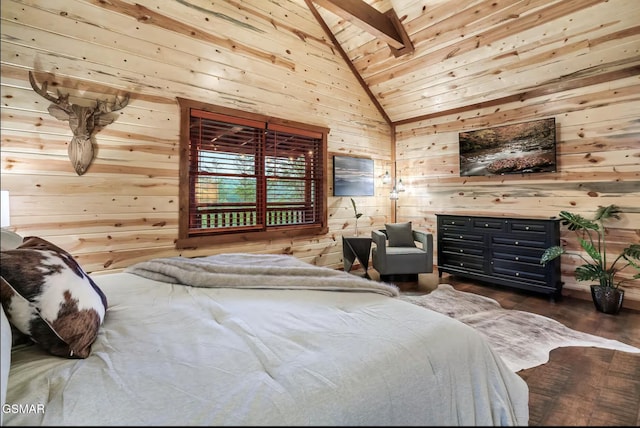 bedroom with vaulted ceiling, wood ceiling, wood finished floors, and wood walls