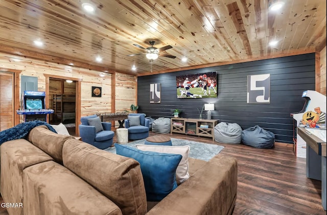 living room with recessed lighting, wood ceiling, wood finished floors, and a ceiling fan