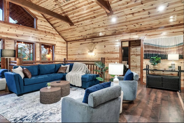 living room with hardwood / wood-style floors, high vaulted ceiling, wood ceiling, wood walls, and beamed ceiling