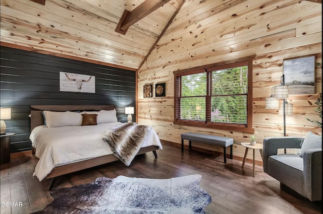 bedroom with lofted ceiling with beams, wooden walls, wood ceiling, and hardwood / wood-style flooring