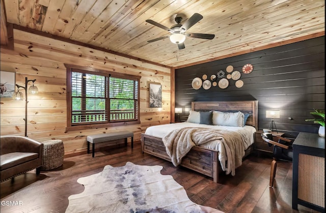 bedroom featuring wooden walls, wooden ceiling, dark wood-type flooring, and ceiling fan