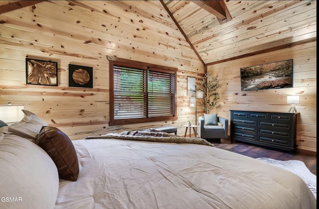 bedroom featuring wooden walls, wooden ceiling, high vaulted ceiling, and wood finished floors