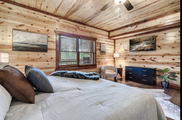 bedroom with wood finished floors, wooden walls, wooden ceiling, and a ceiling fan