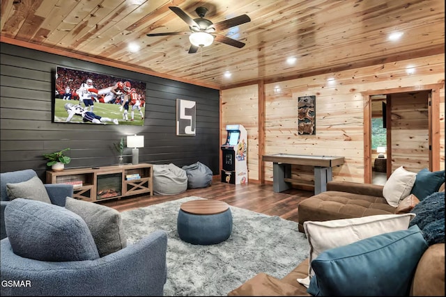 living room with wooden ceiling, recessed lighting, wood finished floors, and ceiling fan