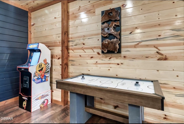 playroom featuring wood walls