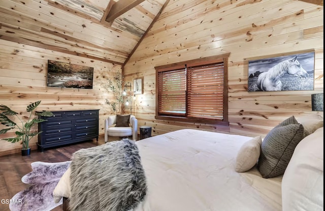 bedroom featuring wooden walls, wooden ceiling, wood finished floors, and vaulted ceiling