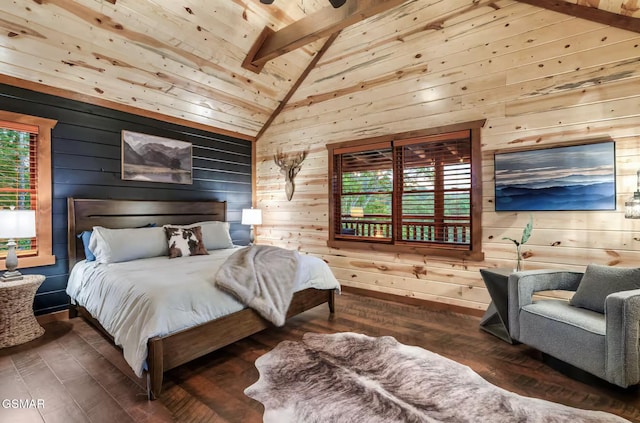 bedroom with wood ceiling, wood finished floors, vaulted ceiling with beams, and wood walls