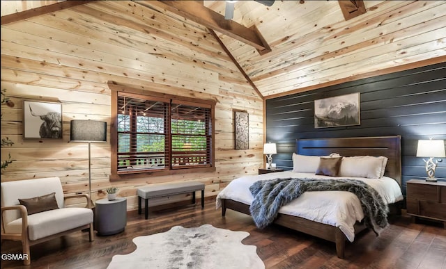 bedroom with lofted ceiling with beams, wooden walls, wood finished floors, and wooden ceiling