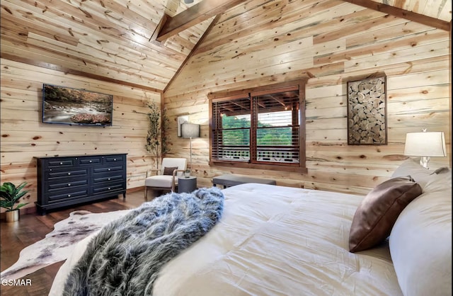 bedroom with dark wood-style floors, high vaulted ceiling, wood walls, and wooden ceiling