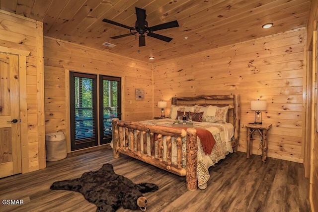 bedroom featuring dark wood-type flooring, ceiling fan, wooden walls, access to outside, and wooden ceiling