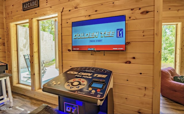 recreation room featuring wood-type flooring, plenty of natural light, and wooden walls