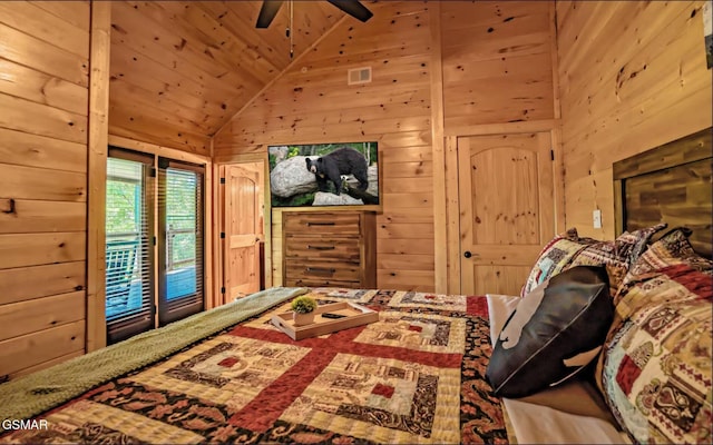 bedroom featuring high vaulted ceiling, wooden walls, access to outside, ceiling fan, and wooden ceiling