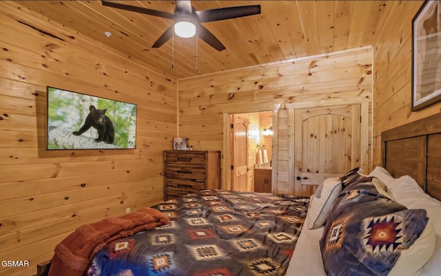 bedroom featuring wooden ceiling, ceiling fan, and wood walls