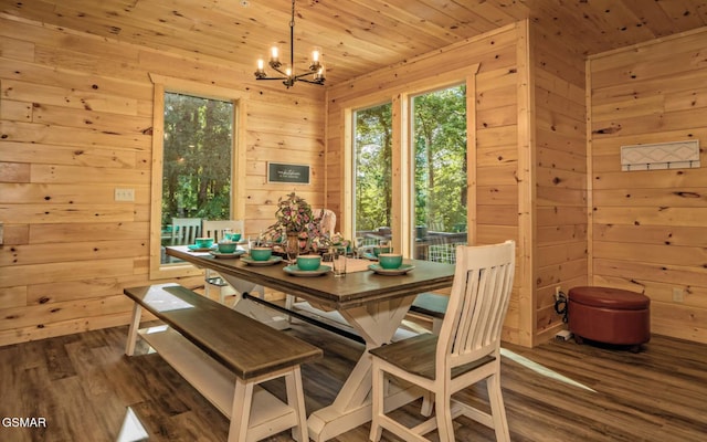 dining room featuring a notable chandelier, wood ceiling, wooden walls, and dark hardwood / wood-style floors