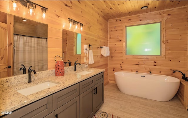 bathroom with independent shower and bath, vanity, wood ceiling, and wood walls