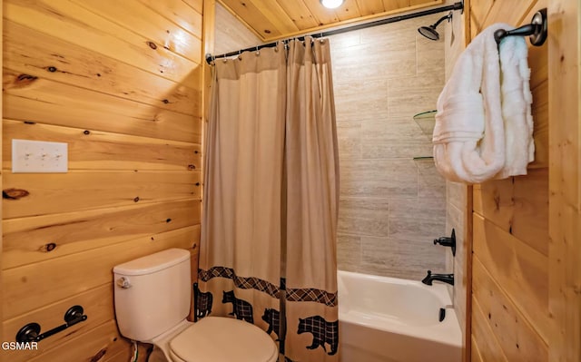 bathroom featuring wooden walls, shower / tub combo, wood ceiling, and toilet