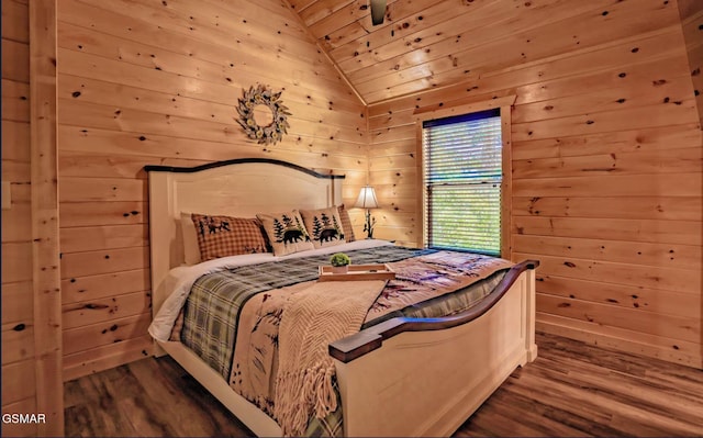 bedroom featuring lofted ceiling, dark wood-type flooring, wooden ceiling, and wood walls