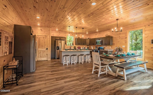 dining space with dark hardwood / wood-style floors, wood ceiling, a chandelier, and wood walls