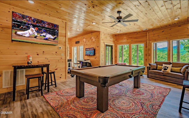 rec room featuring wood walls, pool table, ceiling fan, wood ceiling, and light wood-type flooring