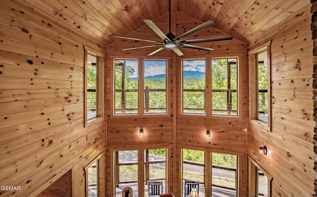 room details featuring wooden walls, wooden ceiling, and ceiling fan