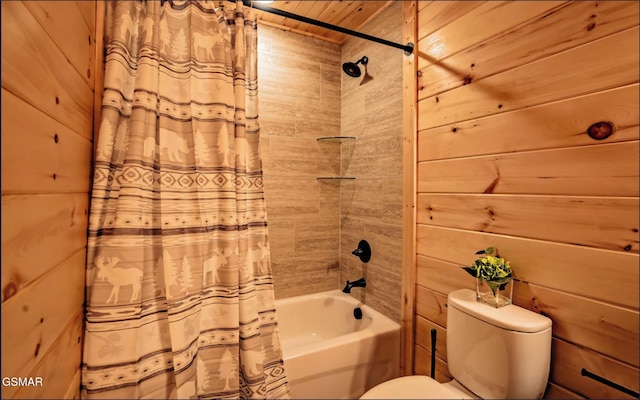 bathroom featuring toilet, wooden walls, shower / bath combo with shower curtain, and wooden ceiling