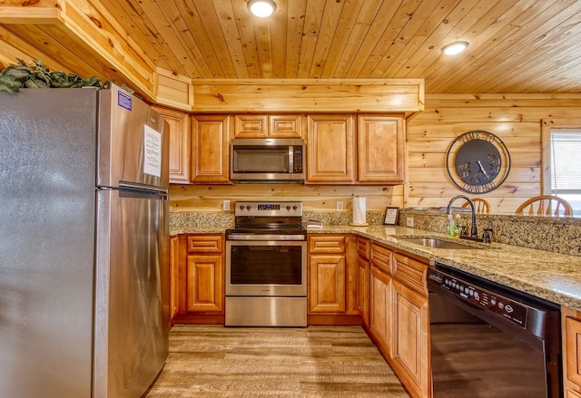 kitchen with light stone countertops, stainless steel appliances, sink, wooden ceiling, and light hardwood / wood-style floors