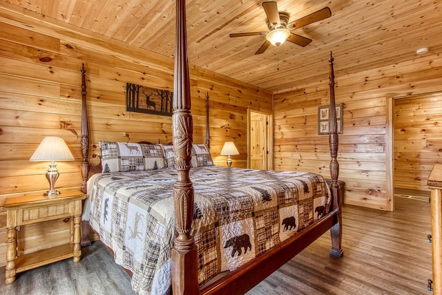 bedroom with hardwood / wood-style floors, ceiling fan, and wooden ceiling