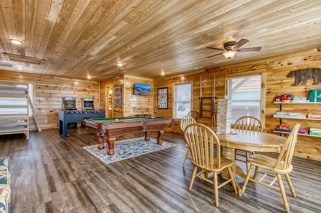 game room with ceiling fan, dark wood-type flooring, wooden ceiling, billiards, and wood walls