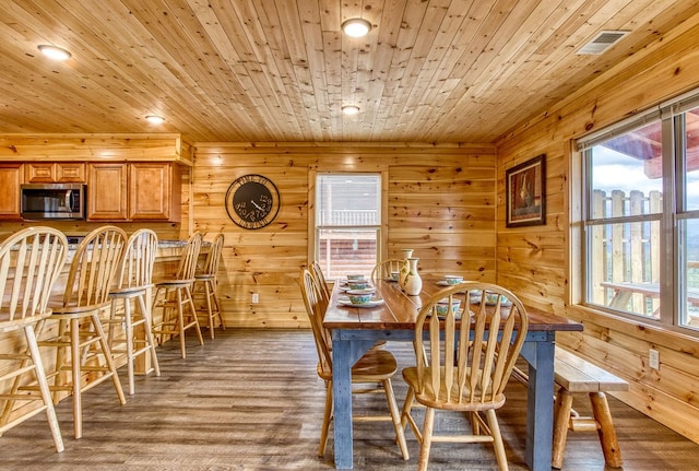 dining space with a wealth of natural light, wood ceiling, and wood walls