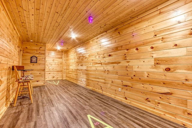 interior space with wooden walls, wooden ceiling, and wood-type flooring