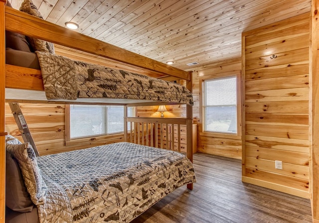 bedroom featuring hardwood / wood-style flooring, multiple windows, wooden walls, and wood ceiling