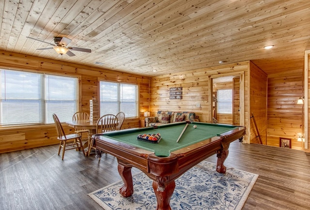 game room with ceiling fan, dark hardwood / wood-style flooring, wood ceiling, and billiards