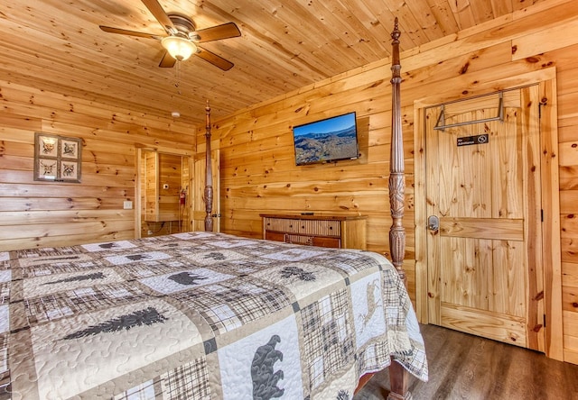 bedroom with hardwood / wood-style floors, ceiling fan, and wooden ceiling