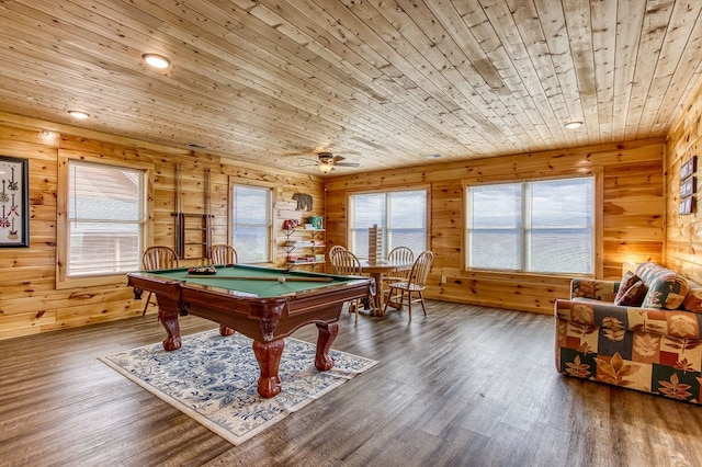 game room with ceiling fan, wooden ceiling, dark hardwood / wood-style floors, billiards, and wood walls