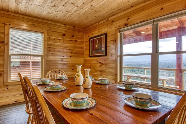 dining space featuring wooden walls, wooden ceiling, and hardwood / wood-style flooring