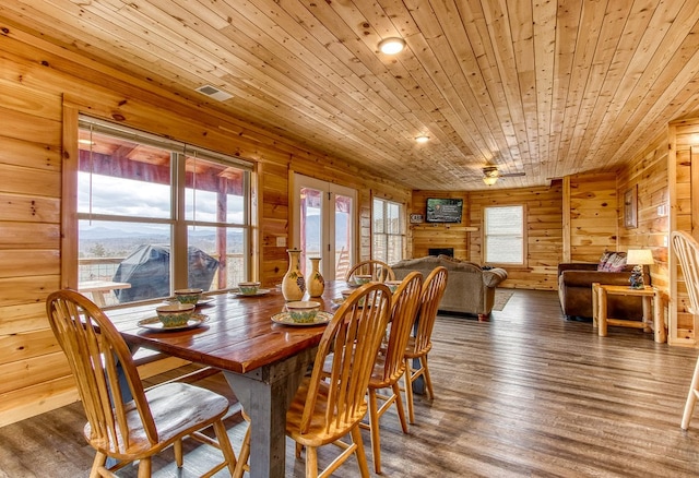 dining room featuring wooden walls, ceiling fan, dark wood-type flooring, and wood ceiling