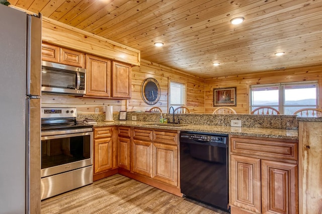 kitchen featuring sink, wooden ceiling, light hardwood / wood-style flooring, stone countertops, and appliances with stainless steel finishes