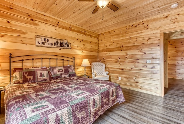 bedroom featuring ceiling fan, wood ceiling, and wood walls