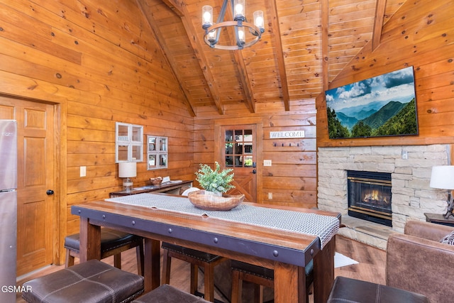 dining room featuring vaulted ceiling with beams, wooden walls, wooden ceiling, and a fireplace