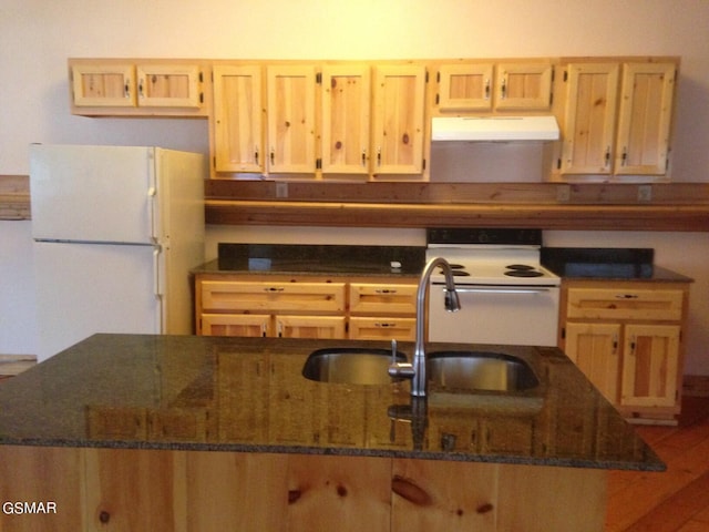 4205 Birds Creek Rd, Sevierville, TN 37876 - kitchen with light brown cabinetry, under cabinet range hood, dark stone countertops, a sink, and white appliances