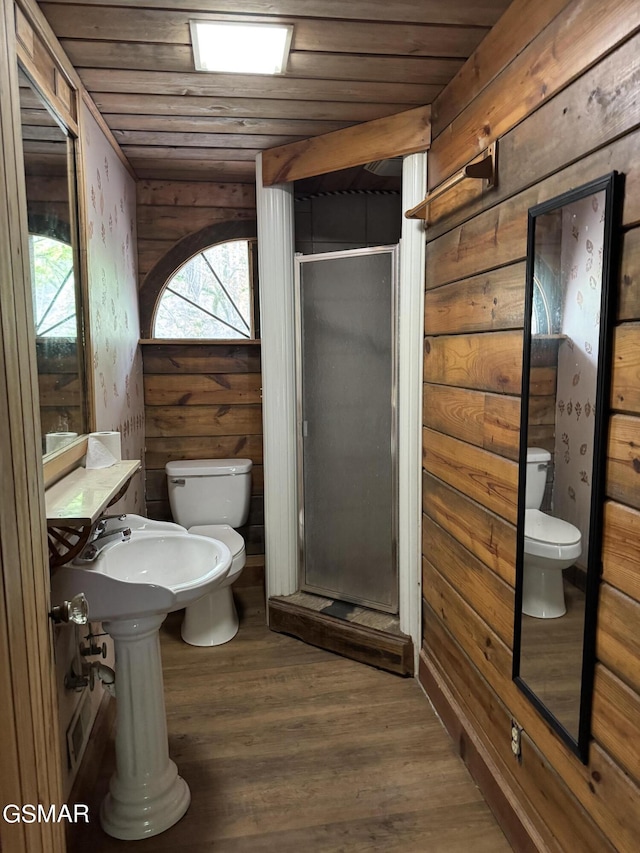4205 Birds Creek Rd, Sevierville, TN 37876 - bathroom with wooden ceiling, toilet, wood finished floors, and a stall shower