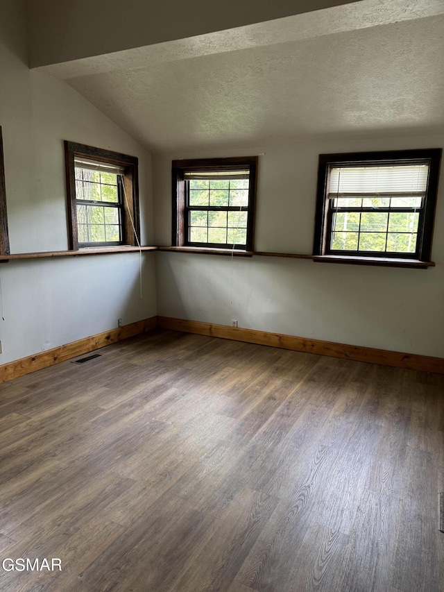 4205 Birds Creek Rd, Sevierville, TN 37876 - unfurnished room featuring wood finished floors, baseboards, visible vents, vaulted ceiling, and a textured ceiling
