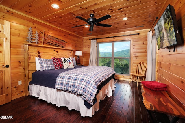 933 E Foothills Dr, Gatlinburg, TN 37738 - bedroom featuring wooden ceiling, dark wood-style flooring, wooden walls, and recessed lighting