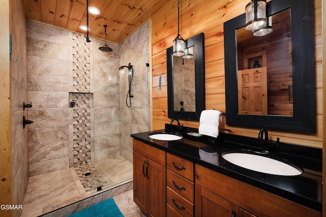 933 E Foothills Dr, Gatlinburg, TN 37738 - bathroom with double vanity, a walk in shower, wood ceiling, and recessed lighting