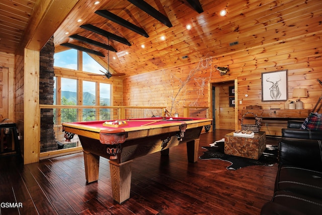 933 E Foothills Dr, Gatlinburg, TN 37738 - rec room featuring billiards table, wooden walls, high vaulted ceiling, wood ceiling with exposed beams, and hardwood / wood-style flooring