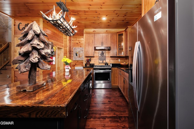 933 E Foothills Dr, Gatlinburg, TN 37738 - kitchen with appliances with stainless steel finishes, dark wood-style flooring, under cabinet range hood, wooden ceiling, and glass insert cabinets