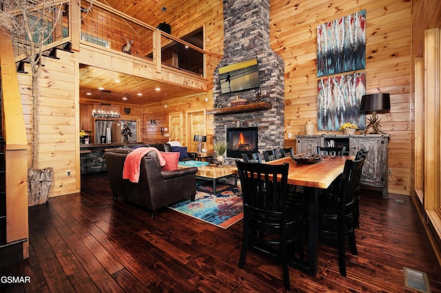 933 E Foothills Dr, Gatlinburg, TN 37738 - dining area with a high ceiling, dark wood finished floors, wood walls, and a fireplace