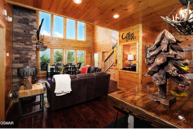 933 E Foothills Dr, Gatlinburg, TN 37738 - living room featuring wooden ceiling, wood walls, wood-type flooring, a high ceiling, and stairs